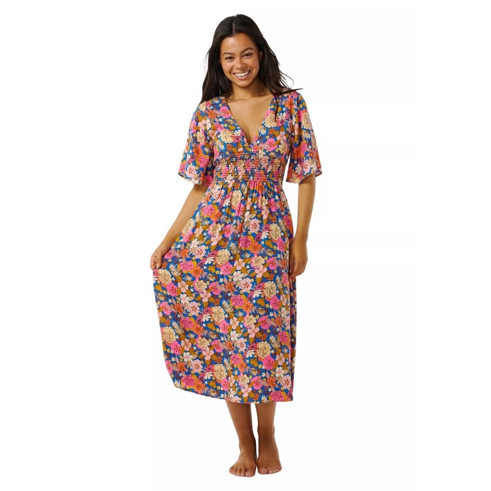 Rip Curl Floral Kamari Smocked Waist Midi Dress New With Tags Size Small